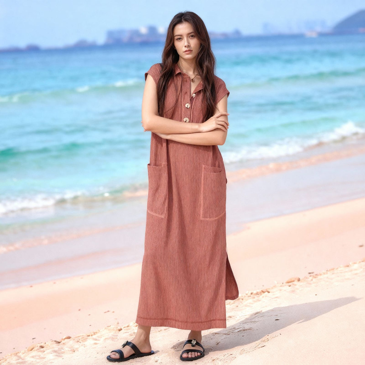 Vestido Lucelli™ Em Tecido Modal Plissado com Acabamento Artesanal / Nova Tendência Verão 2025/2026