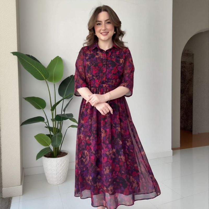 Vestido Athenea™ em Viscose Floral  / O Charme Clássico da Mulher Moderna!