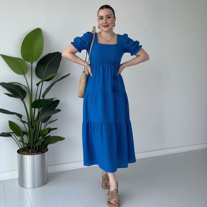 Vestido Elena D’Amore™ em Viscose Texturizada com Mangas Bufantes / Leveza, Charme e Feminilidade em Cada Movimento