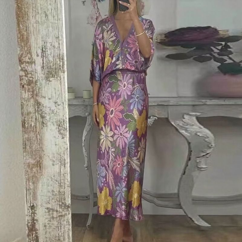 Conjunto Sakura™ em Cetim Premium com Blusa Kimono e Saia Longa Estampada /  Feminilidade Sofisticada que Brilha em Qualquer Ocasião!