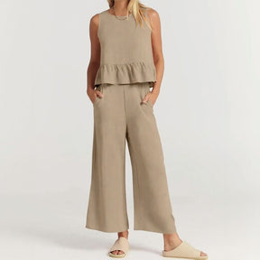 Conjunto Agatha™ Em Linho Misto com Babado e Calça Pantalona / Minimalismo Elegante para Mulheres de Estilo!