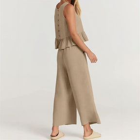 Conjunto Agatha™ Em Linho Misto com Babado e Calça Pantalona / Minimalismo Elegante para Mulheres de Estilo!